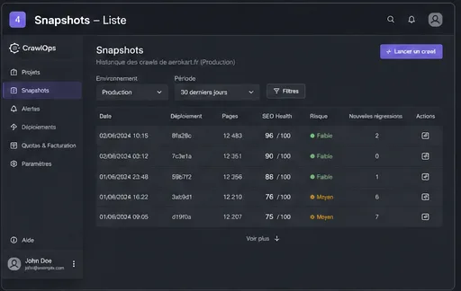 SEO Crawler snapshot list showing crawl history, SEO health and technical crawl status